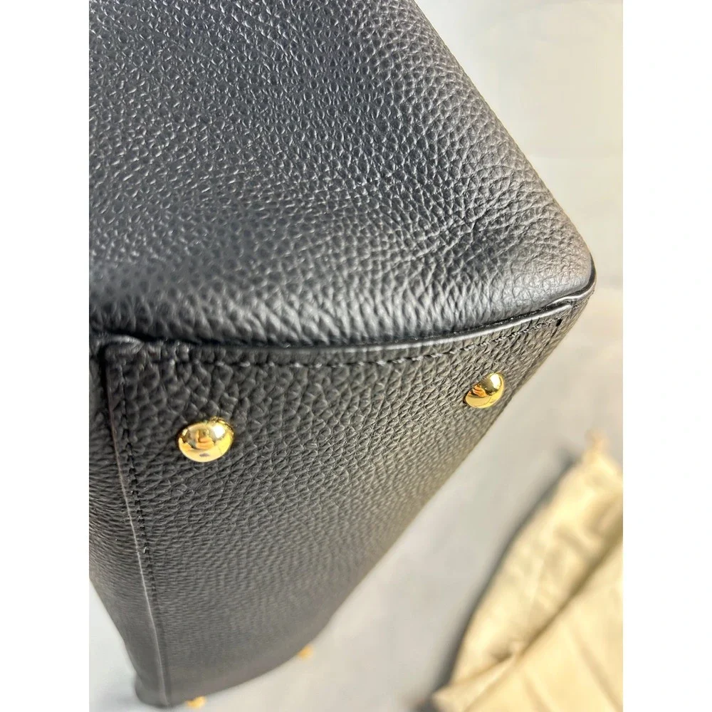 Lauren Ralph Lauren Marcy Black Pebbled Leather Satchel Bag Gold RL Logo Handbag